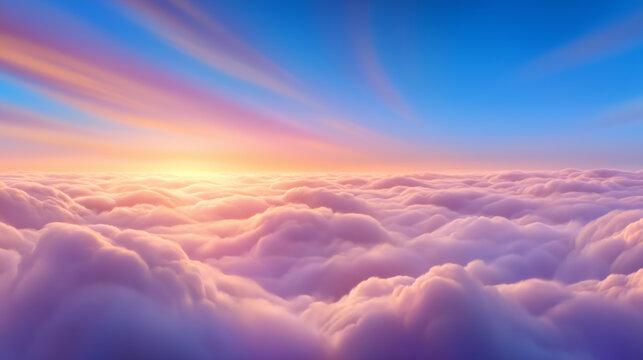 A breathtaking sunrise illuminates the sky with vibrant colors while fluffy clouds stretch across the horizon. The peaceful scene evokes calm and wonder in the early morning light