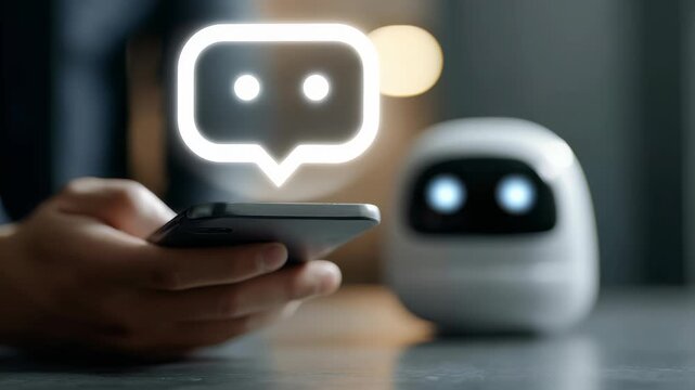This captures essence artificial intelligence, human interaction through mobile devices. Glowing chat bubble, robot highlight innovation in digital communication, smart technology