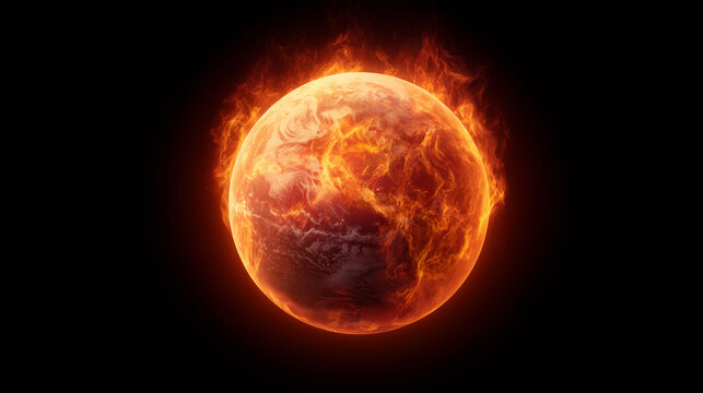A planet ablaze with orange and red flames, surrounded by an ethereal glow. The dark backdrop emphasizes the intensity of the fire and hints at extraordinary cosmic phenomena