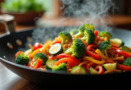 Sizzling Stir Fry Medley of Vegetables in Rich Soy Glaze Captured in Dynamic Arrangement
