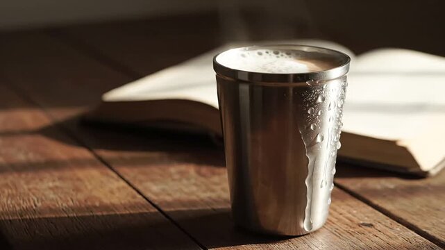 Refreshing lassi drink served in a traditional Indian glass with a book on wooden table showcasing a refreshing and cultural beverage experience
