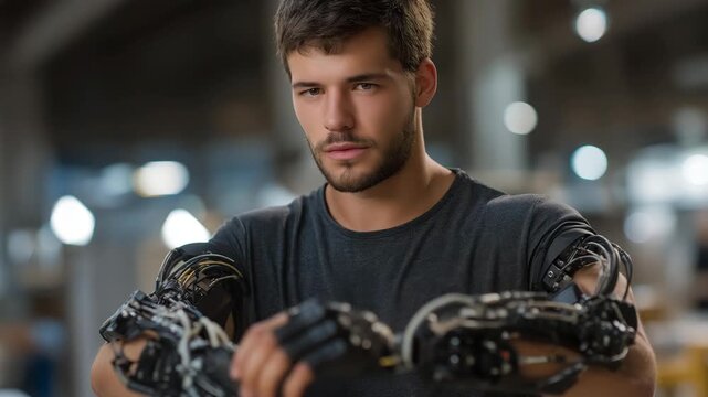 Engineer adjusting robotic exoskeleton joints during prototype testing, emotion of focus and innovation visible, representing industrial research development, biomechanics, and next-generation