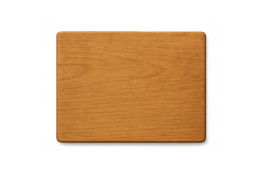 Empty wooden cutting board on transparent background for food preparation and cooking layout
