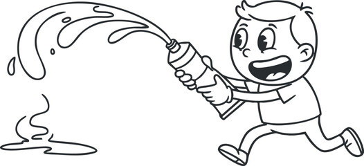 Playful line art illustration of a happy boy spraying water with a hose, perfect for children's themes and summer activities