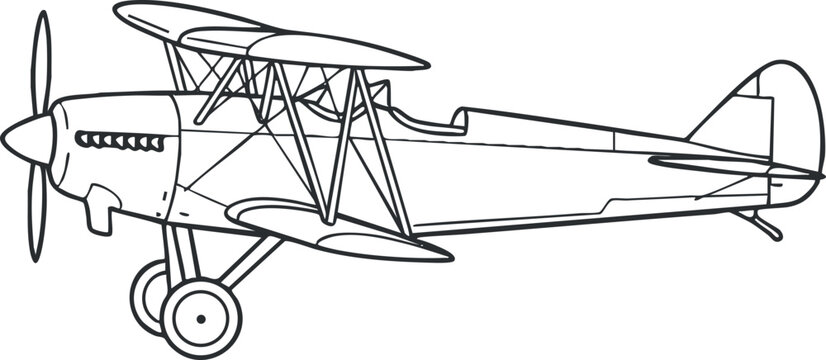 Outline vector illustration of a classic biplane aircraft, ideal for aviation-themed designs and projects.