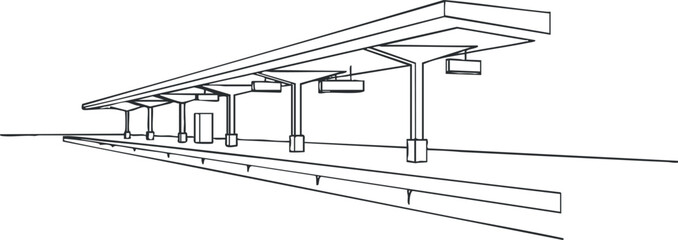 Outline vector illustration of a modern train station platform, showcasing minimalist architectural design for transportation concepts