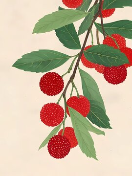 Watercolor Oriental Style Detailed Painting - Bayberries