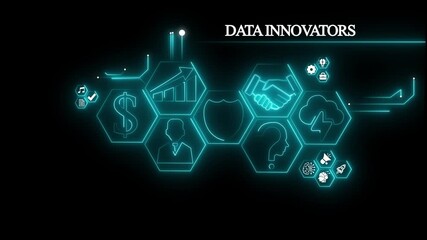 Data innovators .concept global network digital with business icons, social network icons ,Beautiful motion waving dots map texture with glowing,interaction concept. Virtual network Technology.4K - Powered by Adobe