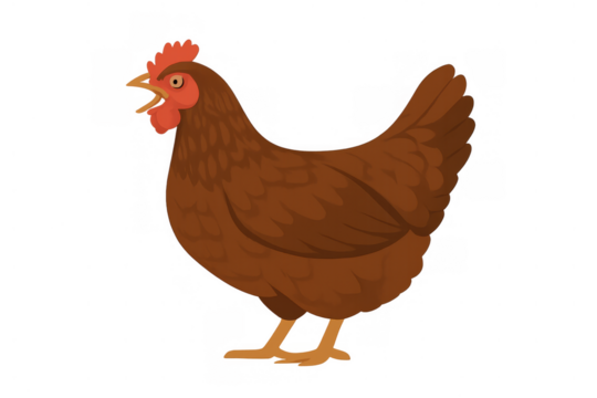 Brown hen clucking with comb and wattle, a domestic farm animal cartoon illustration, transparent background