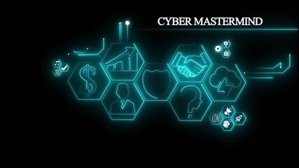 Cyber mastermind .concept global network digital with business icons, social network icons ,Beautiful motion waving dots map texture with glowing,interaction concept. Virtual network Technology.4K - Powered by Adobe