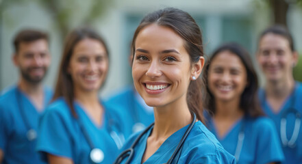Diverse group of happy medical staff members in blue scrubs smiling outdoors. Professionals pose together showing unity and teamwork. Healthcare workers with stethoscopes ready.