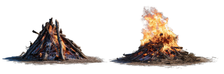 Two vibrant campfires with flames and wood (1)