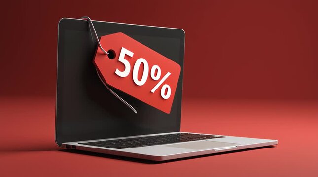 Laptop with 50% discount tag on red background  