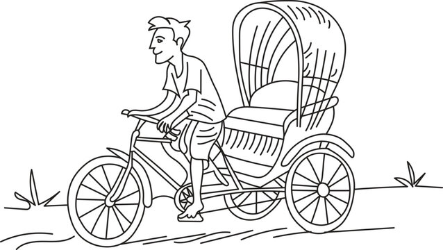 The rickshaw puller drives a rickshaw line art vector.