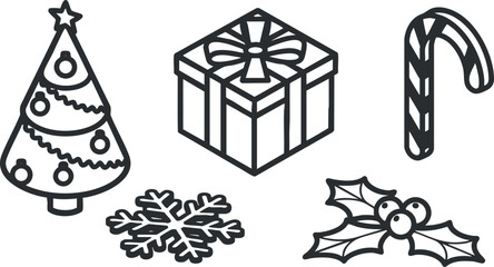 Set of minimalist black and white vector icons featuring Christmas tree, gift box, candy cane, snowflake, and holly for holiday design projects