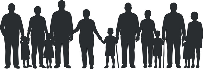 Silhouette vector illustration of a diverse family group representing multiple generations holding hands in unity and love