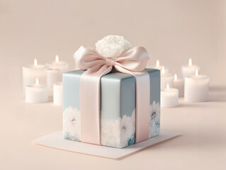 Gift box with ribbon candles and flowers in soft pastel light