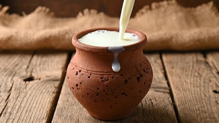 A rustic terracotta pot filled with creamy lassi a traditional Indian yogurt drink set on a wooden table - Powered by Adobe