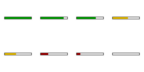 Sprite Sheet of a Draining Health Bar Icon Set with Green, Yellow and Red Steps for Game UI Animation. Vector Image.