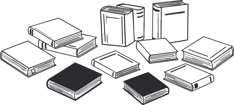 Outline vector illustration of various books in different orientations for educational and literary design projects