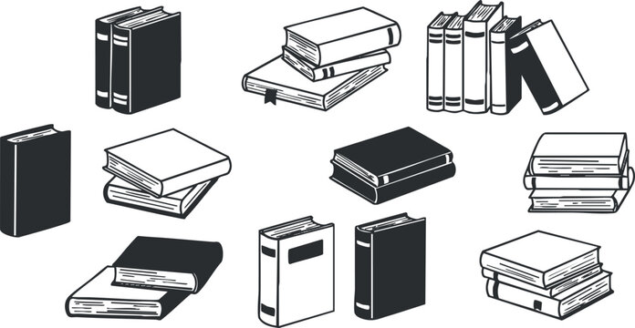 Vector illustration of a collection of books in various styles, ideal for educational and literary design projects