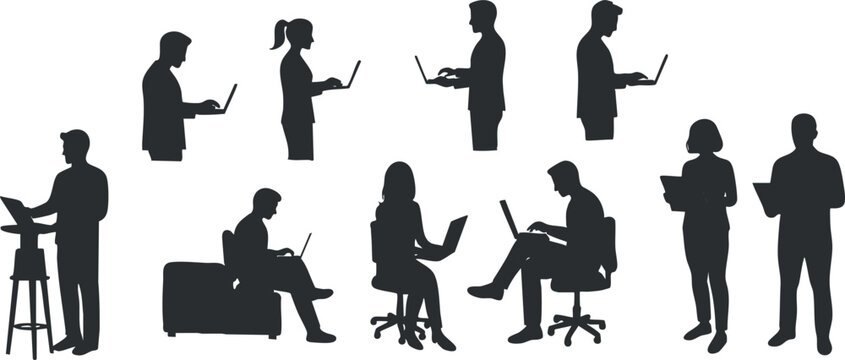 Collection of vector silhouettes depicting diverse professionals engaging with laptops in various work scenarios for digital and branding projects