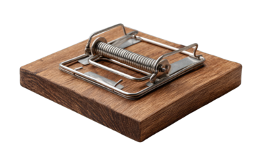 A metal mousetrap on a wooden block