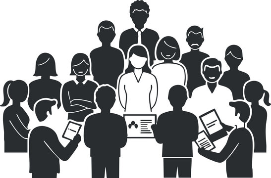 Silhouette vector illustration of a diverse group of professionals engaged in teamwork and collaboration during a meeting or presentation