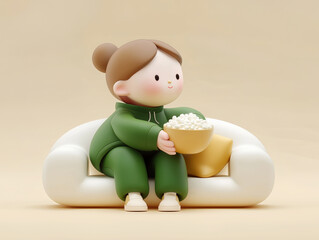 3d winter Korean Cute Girl character sitting on white sofa with popcorn bowl in warm background
