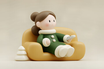 3d Cute Korean winter Girl character sitting on yellow couch with remote control in cozy winter outfit