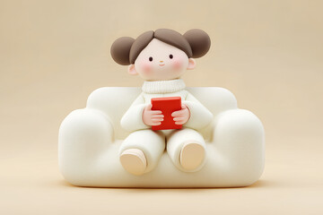 3d Cute Korean winter Girl character with red remote control sitting on white couch in minimal pastel room