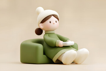 3d Cute Korean winter Girl character in green dress playing with white game controller on modern sofa