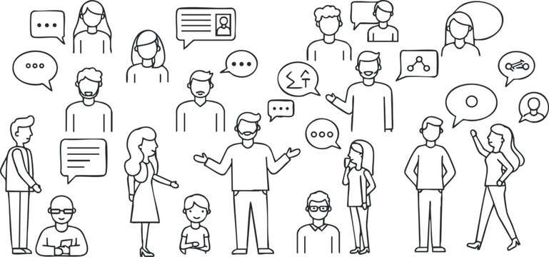 Outline vector illustration of diverse people engaging in conversation, showcasing communication and interaction themes for social platforms and design projects