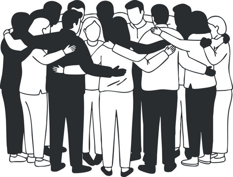 Stylized black and white vector illustration of a diverse group of people embracing in a supportive gathering for community and teamwork.