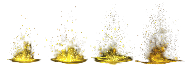 Four bursts of golden fire against a black background