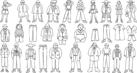 Collection of stylish line art characters showcasing diverse outfits and fashion styles for creative projects and branding.