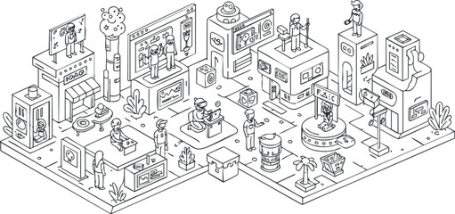 Fototapeta premium Detailed isometric vector illustration depicting a modern business environment with diverse characters engaged in various activities and interactions