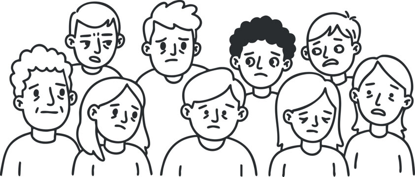 Black and white vector illustration of a group of people displaying various emotions, suitable for mental health awareness and social projects