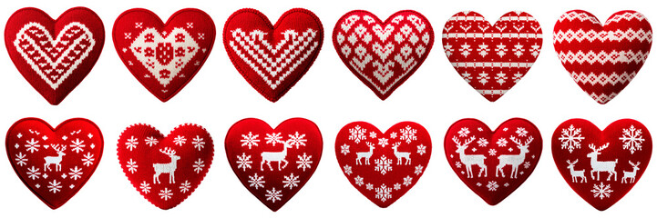 Set of knitted red hearts with winter patterns isolated on a transparent background