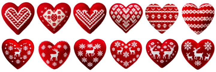 Set of knitted red hearts with winter patterns isolated on a transparent background