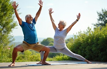Elderly couple practices yoga outdoors on a sunny day. They perform warrior poses with arms raised high, smiling joyfully. Fit seniors enjoy active retirement lifestyle and nature.