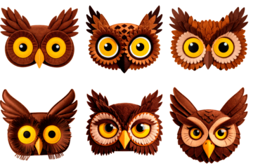 Felt owl faces set in warm brown tones isolated on a transparent background
