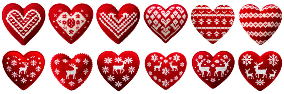 Set of knitted red hearts with winter patterns isolated on a transparent background - Powered by Adobe