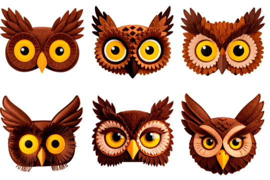 Felt owl faces set in warm brown tones isolated on a transparent background