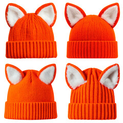 Set of cute orange knit beanies with fox ears isolated on a transparent background