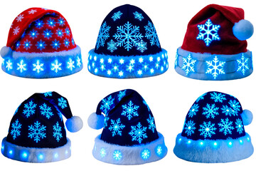 Set of illuminated Christmas hats with snowflake patterns isolated on a transparent background