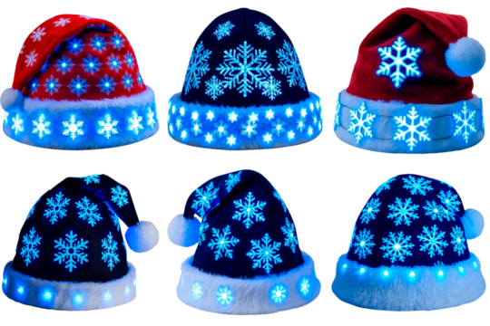 Set of illuminated Christmas hats with snowflake patterns isolated on a transparent background