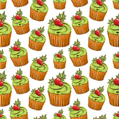Festive green cupcakes with red berries in a repeating pattern