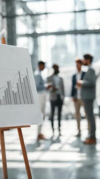 A group of business professionals collaborates in a sunlit office, analyzing a graph with upward trends. The scene highlights teamwork, innovation, and data driven decision making