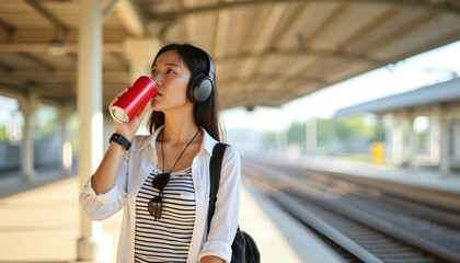 Young asian woman enjoys drink in train station. Female traveler wearing headphones waits train. Lady with beverage can on railway platform ready to travel.
